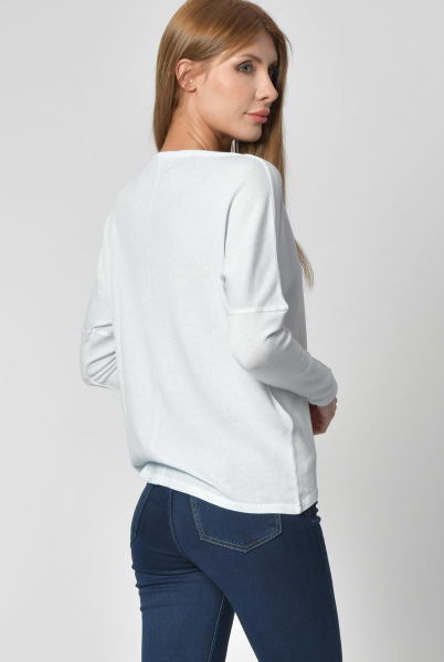 Cotton Candy Düğme Detaylı V Yaka Uzun Kol Kadın T-Shirt - Buz Mavisi