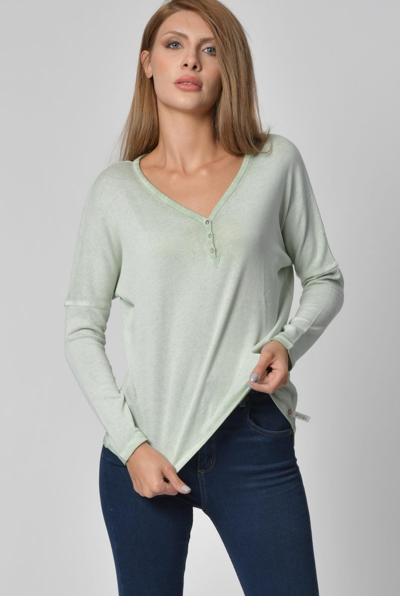 Cotton Candy Düğme Detaylı V Yaka Uzun Kol Kadın T-Shirt - Su Yeşili
