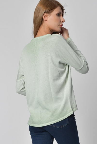 Cotton Candy Düğme Detaylı V Yaka Uzun Kol Kadın T-Shirt - Su Yeşili