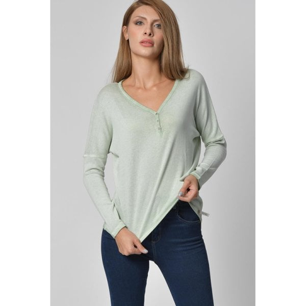 Cotton Candy Düğme Detaylı V Yaka Uzun Kol Kadın T-Shirt - Su Yeşili