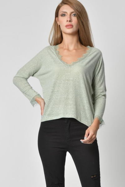 Cotton Candy Yaka ve Kol Dantel Detaylı Uzun Kol Kadın T-Shirt - Su Yeşili