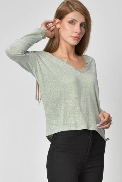 Cotton Candy Yaka ve Kol Dantel Detaylı Uzun Kol Kadın T-Shirt - Su Yeşili