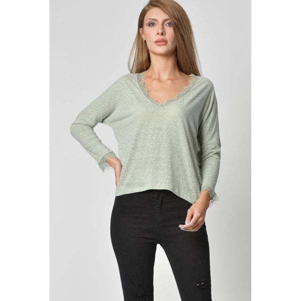 Cotton Candy Yaka ve Kol Dantel Detaylı Uzun Kol Kadın T-Shirt - Su Yeşili