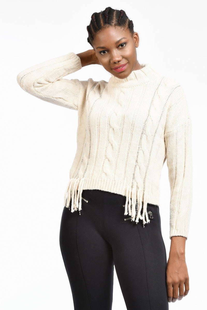 So Sweet Etek Ucu Püsküllü Kadın Triko - Taş