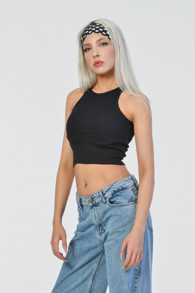 Noori Likralı Kaşkorse Halter Yaka Kadın Bluz  - Siyah
