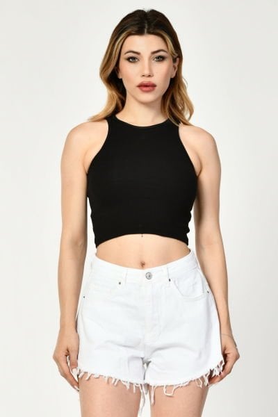 Noori Likralı Kaşkorse Halter Yaka Kadın Bluz  - Siyah