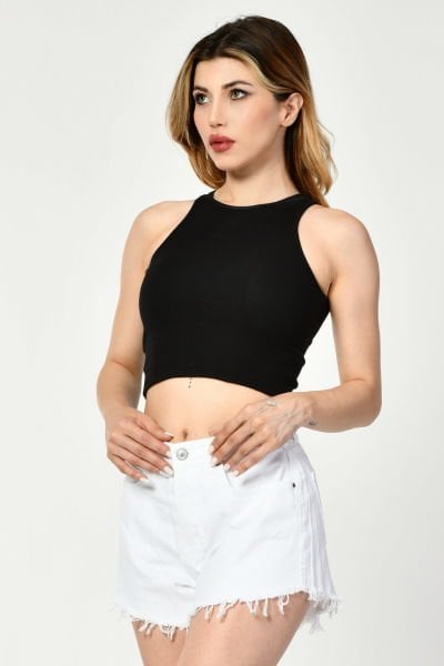 Noori Likralı Kaşkorse Halter Yaka Kadın Bluz  - Siyah