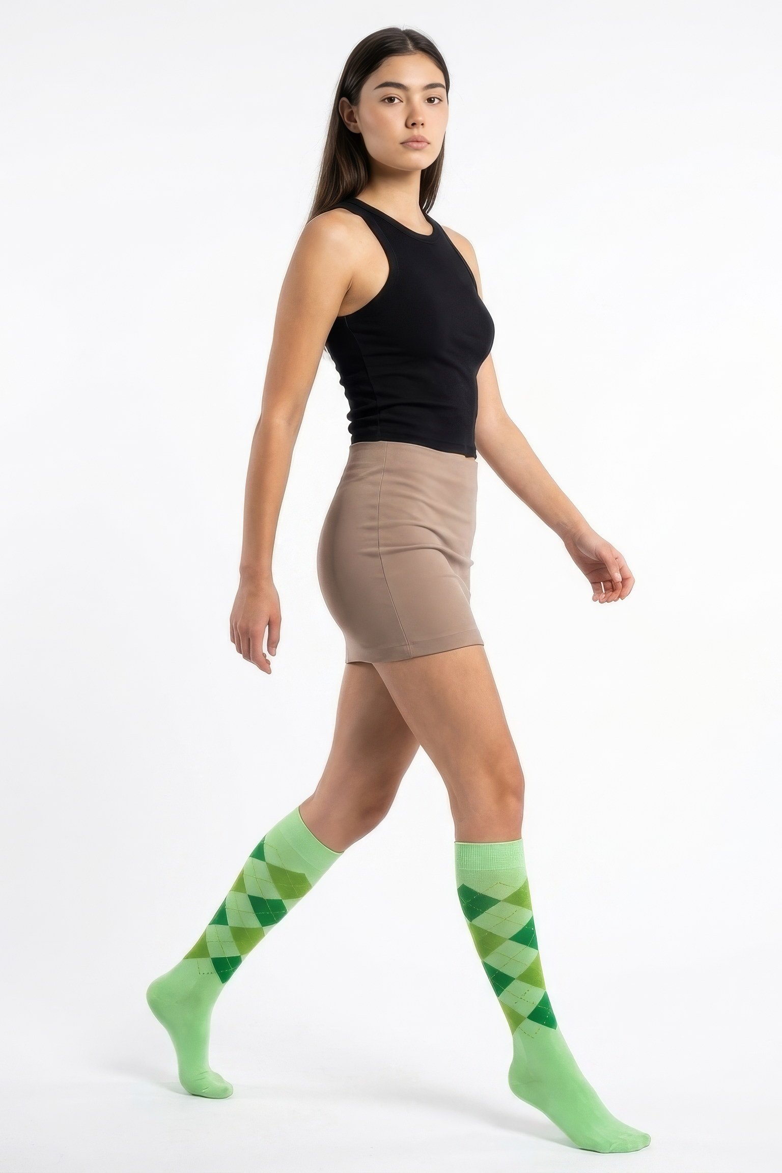 Moda1001 Kadın Ekoseli Premium Dizaltı Çorabı  - Yeşil