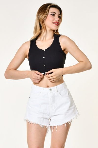 Noori Likralı Kaşkorse Polo Yaka Düğmeli Kadın Bluz  - Siyah