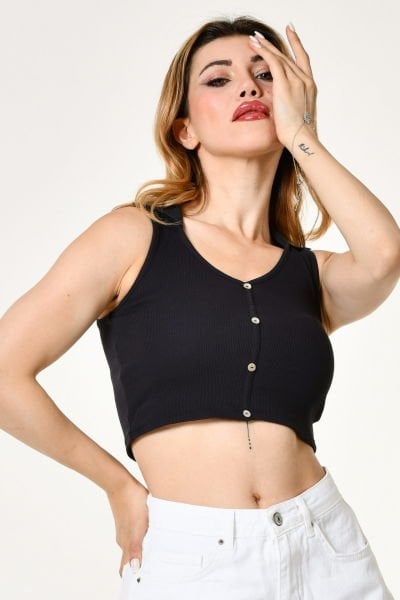 Noori Likralı Kaşkorse Polo Yaka Düğmeli Kadın Bluz  - Siyah