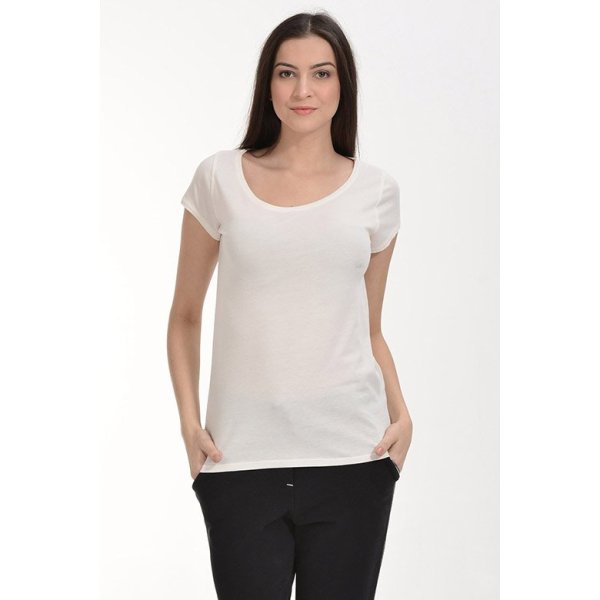 Cotton Candy Yuvarlak Yaka Kısa Kol Basic Kadın T-Shirt - Ekru