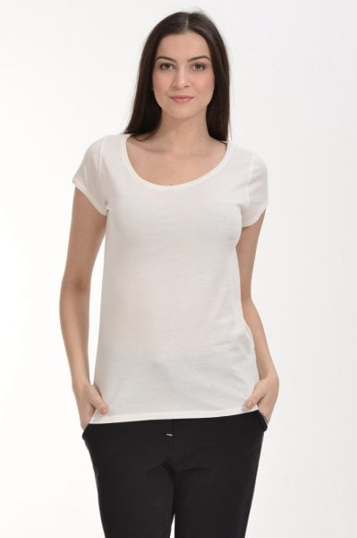 Cotton Candy Yuvarlak Yaka Kısa Kol Basic Kadın T-Shirt - Ekru