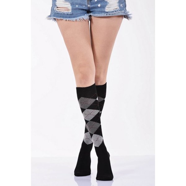 Kadın Ekoseli Dizaltı Çorabı  - Siyah 6\\\'lı Paket