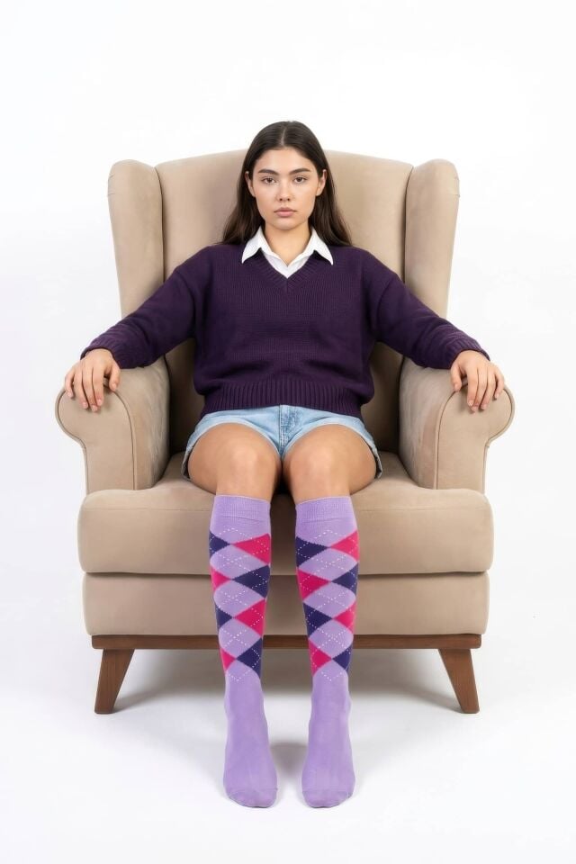 Moda1001 Kadın Ekoseli Premium Dizaltı Çorabı  - Lila