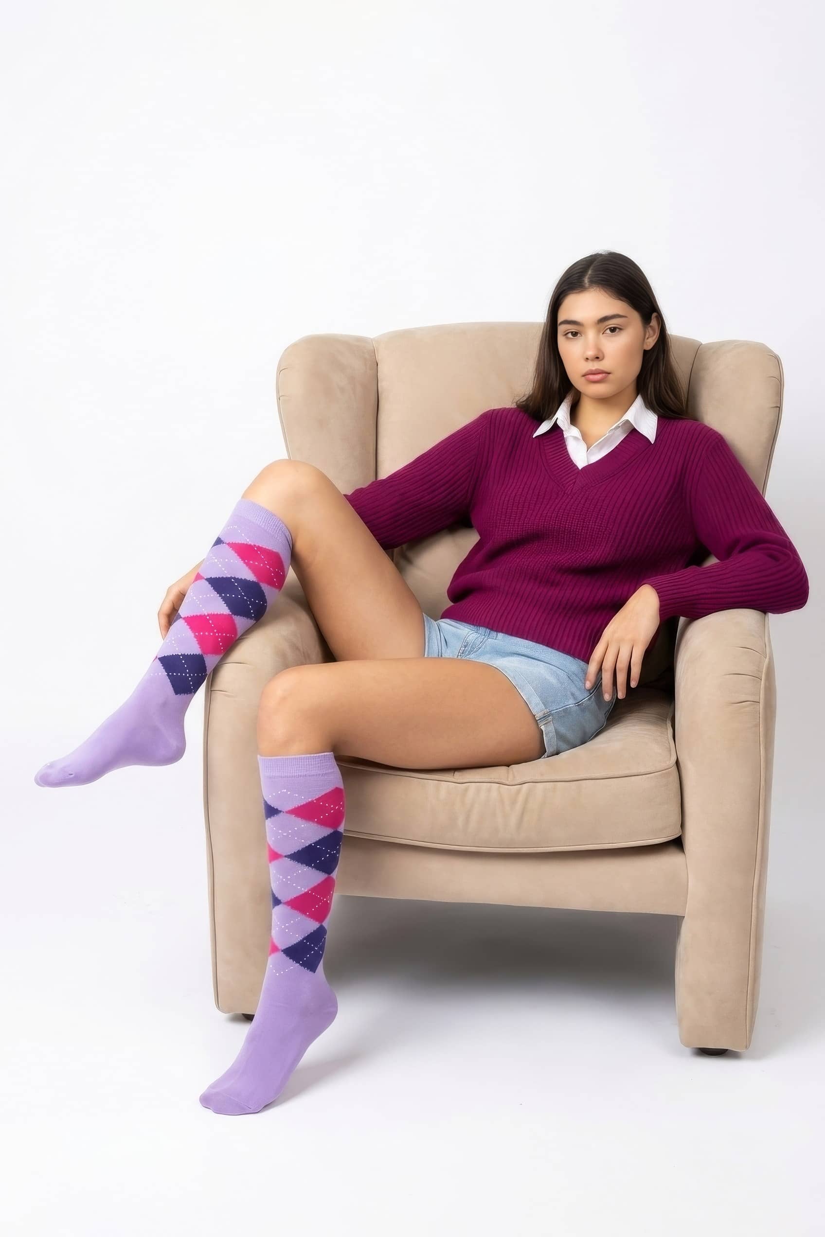 Moda1001 Kadın Ekoseli Premium Dizaltı Çorabı  - Lila