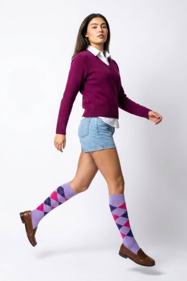 Moda1001 Kadın Ekoseli Premium Dizaltı Çorabı  - Lila