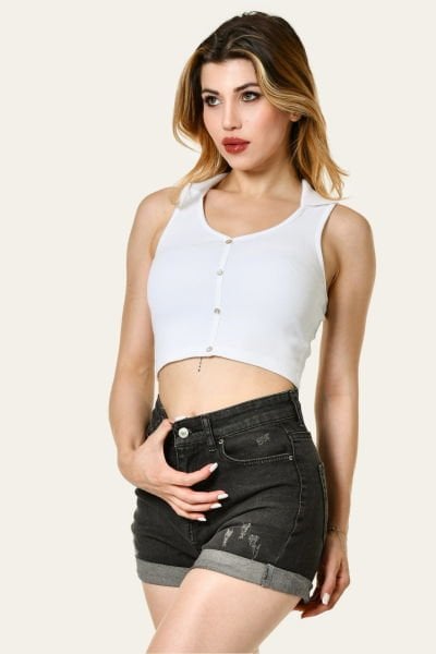 Noori Likralı Kaşkorse Polo Yaka Düğmeli Kadın Bluz  - Beyaz