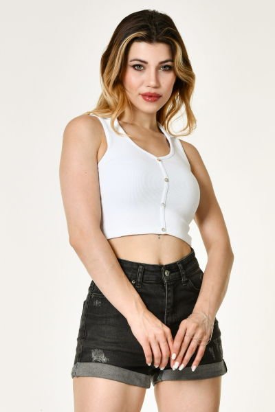 Noori Likralı Kaşkorse Polo Yaka Düğmeli Kadın Bluz  - Beyaz