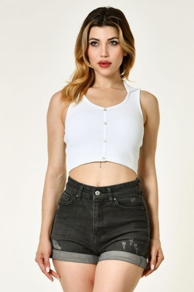 Noori Likralı Kaşkorse Polo Yaka Düğmeli Kadın Bluz  - Beyaz