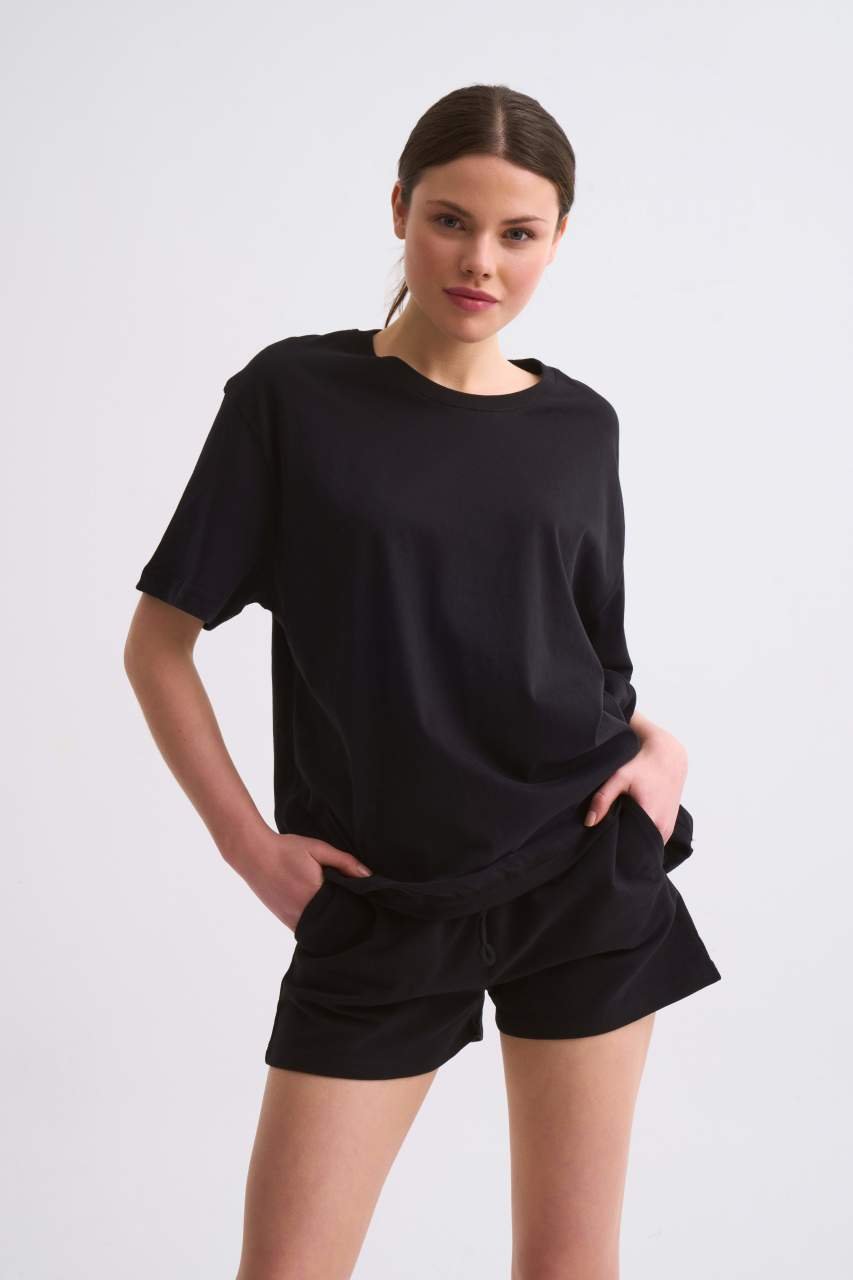 Organik Cepli Regular Fit Bağcıklı Kadın Şort - Siyah Siyah - L