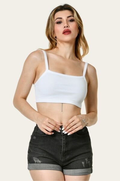 Noori Likralı Kaşkorse İnce Askılı Kadın Crop Top  - Beyaz