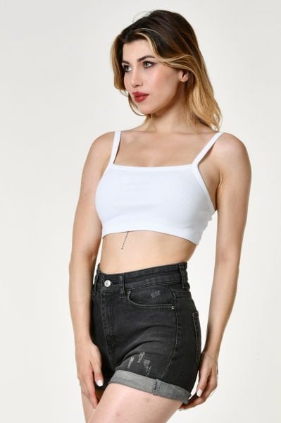 Noori Likralı Kaşkorse İnce Askılı Kadın Crop Top  - Beyaz