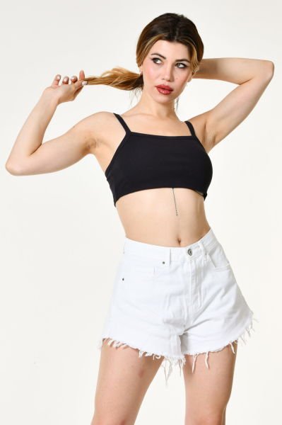 Noori Likralı Kaşkorse İnce Askılı Kadın Crop Top  - Siyah