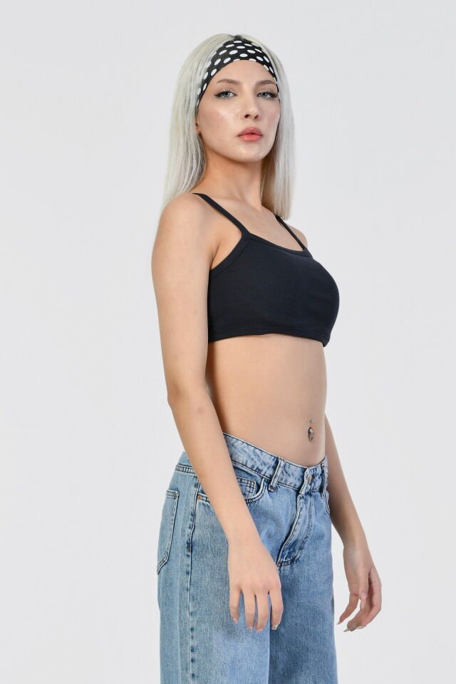 Noori Likralı Kaşkorse İnce Askılı Kadın Crop Top  - Siyah