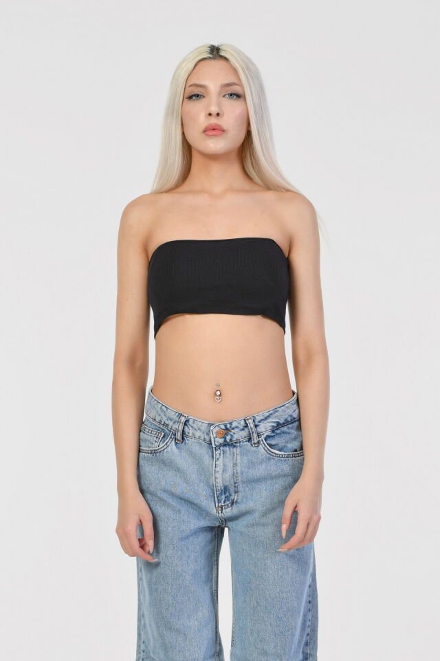 Noori Likralı Kaşkorse Straplez Kadın Crop Top  - Siyah