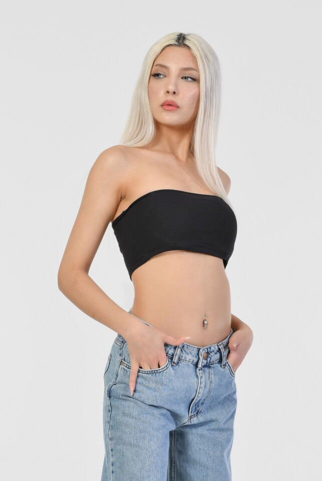 Noori Likralı Kaşkorse Straplez Kadın Crop Top  - Siyah