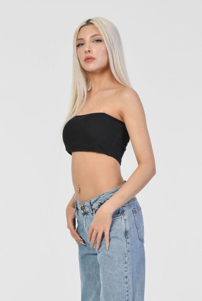 Noori Likralı Kaşkorse Straplez Kadın Crop Top  - Siyah
