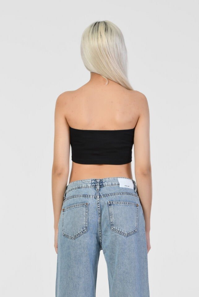 Noori Likralı Kaşkorse Straplez Kadın Crop Top  - Siyah