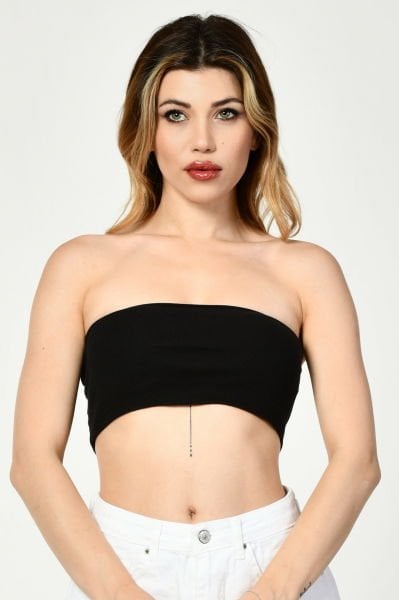 Noori Likralı Kaşkorse Straplez Kadın Crop Top  - Siyah