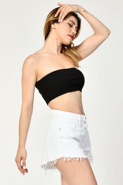 Noori Likralı Kaşkorse Straplez Kadın Crop Top  - Siyah