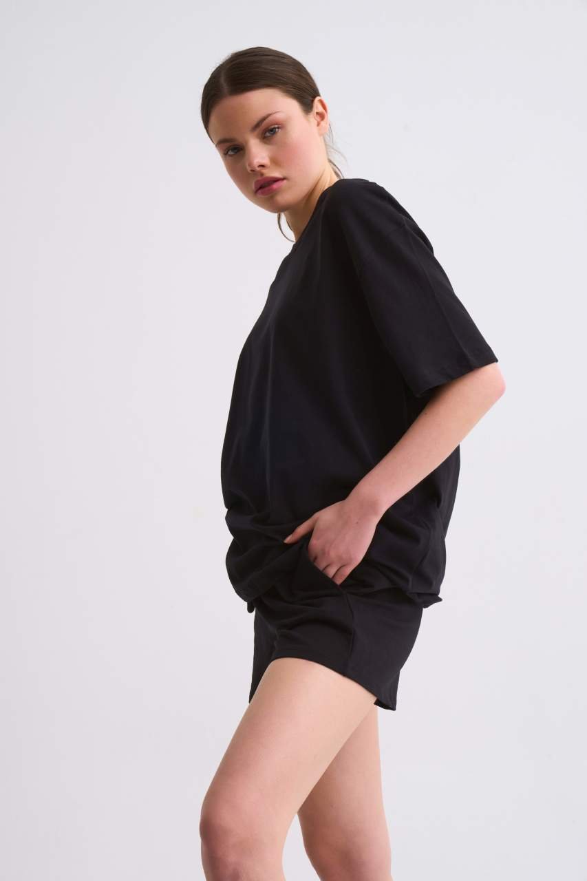 Organik Cepli Regular Fit Bağcıklı Kadın Şort - Siyah Siyah - XL