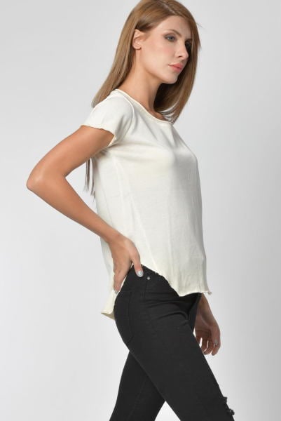 Cotton Candy Geniş Bisiklet Yaka Kadın T-Shirt - Krem