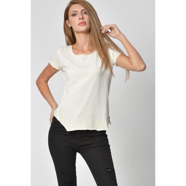 Cotton Candy Geniş Bisiklet Yaka Kadın T-Shirt - Krem