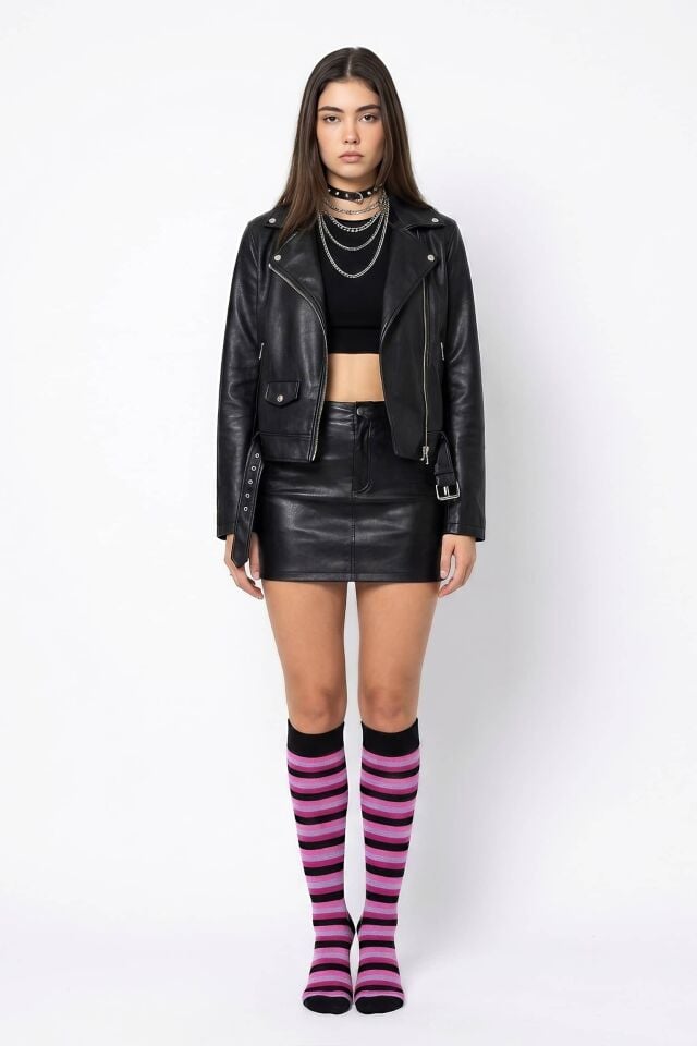 Moda1001 Kadın Çemberli Premium Dizaltı Çorabı  - Mor-Siyah