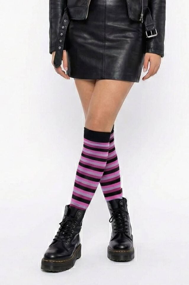 Moda1001 Kadın Çemberli Premium Dizaltı Çorabı  - Mor-Siyah