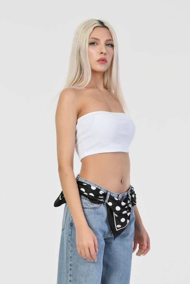 Noori Likralı Kaşkorse Straplez Kadın Crop Top  - Beyaz