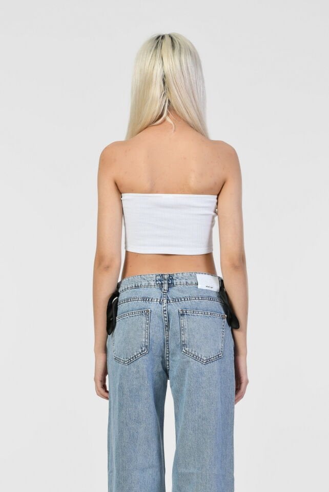 Noori Likralı Kaşkorse Straplez Kadın Crop Top  - Beyaz