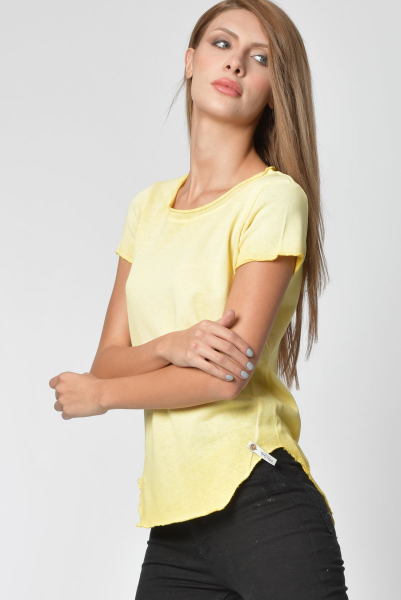 Cotton Candy Geniş Bisiklet Yaka Kadın T-Shirt - Sarı