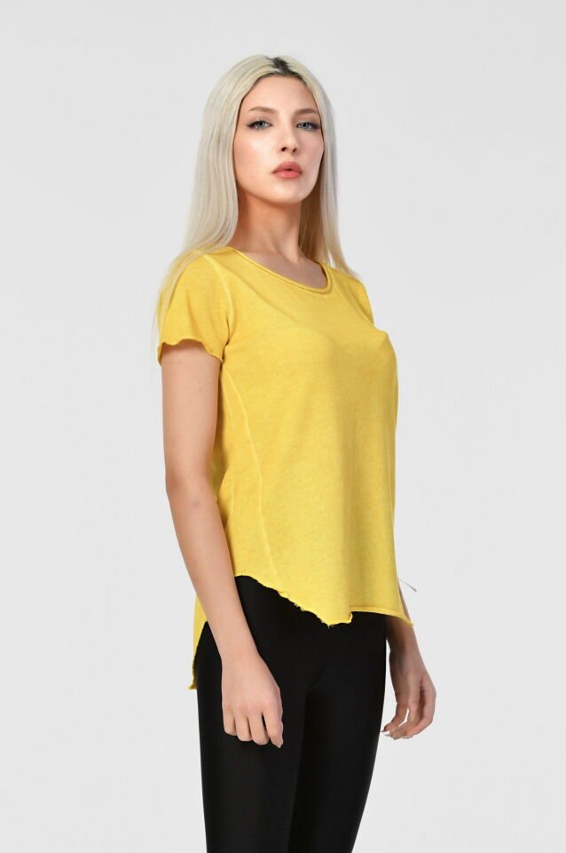 Cotton Candy Geniş Bisiklet Yaka Kadın T-Shirt - Sarı