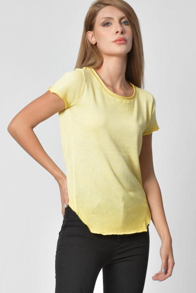 Cotton Candy Geniş Bisiklet Yaka Kadın T-Shirt - Sarı