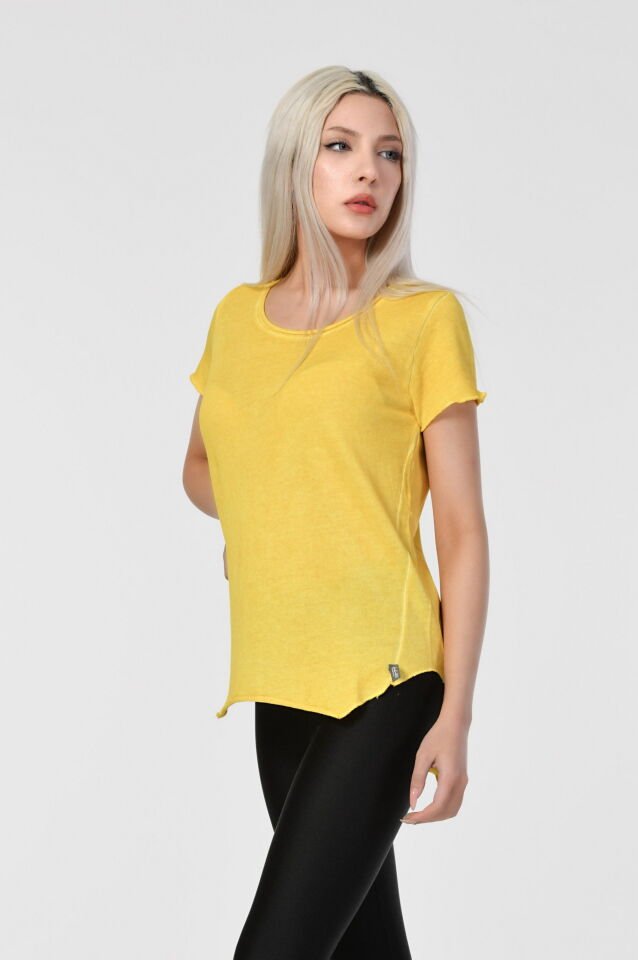 Cotton Candy Geniş Bisiklet Yaka Kadın T-Shirt - Sarı