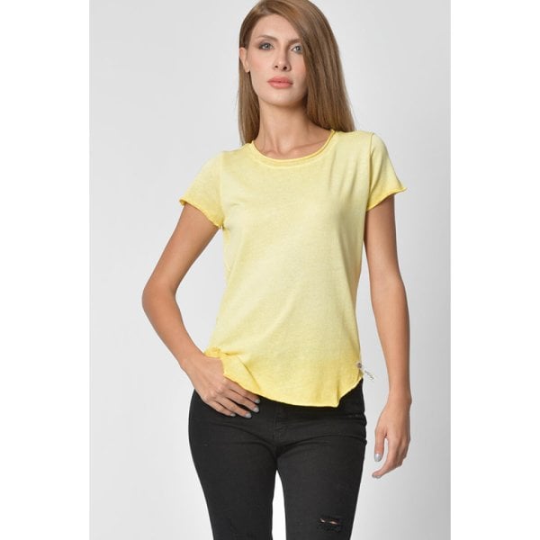 Cotton Candy Geniş Bisiklet Yaka Kadın T-Shirt - Sarı