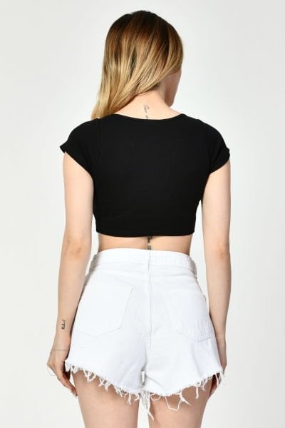 Noori Likralı Kaşkorse Yuvarlak Yaka Kadın Crop Top  - Siyah