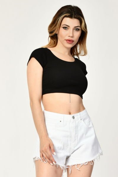Noori Likralı Kaşkorse Yuvarlak Yaka Kadın Crop Top  - Siyah