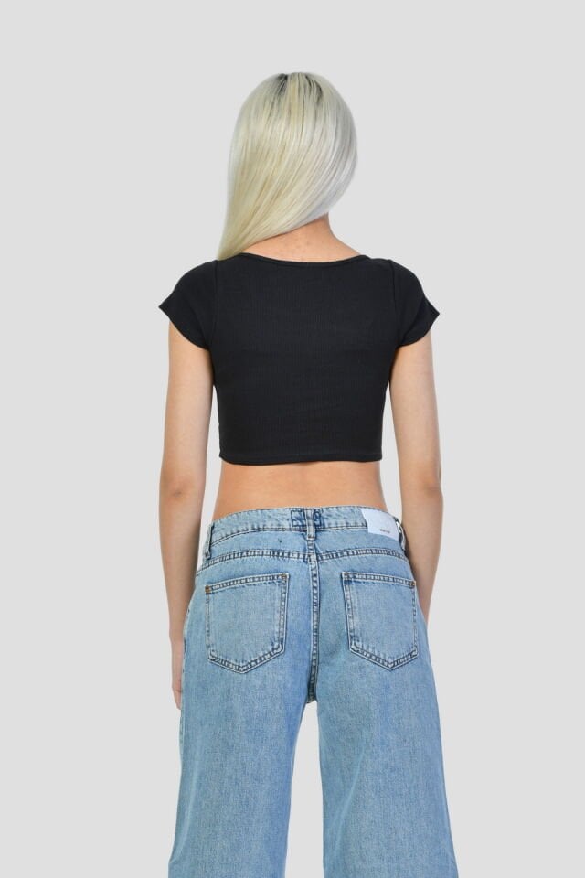 Noori Likralı Kaşkorse Yuvarlak Yaka Kadın Crop Top  - Siyah