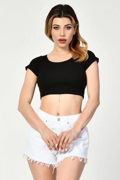 Noori Likralı Kaşkorse Yuvarlak Yaka Kadın Crop Top  - Siyah